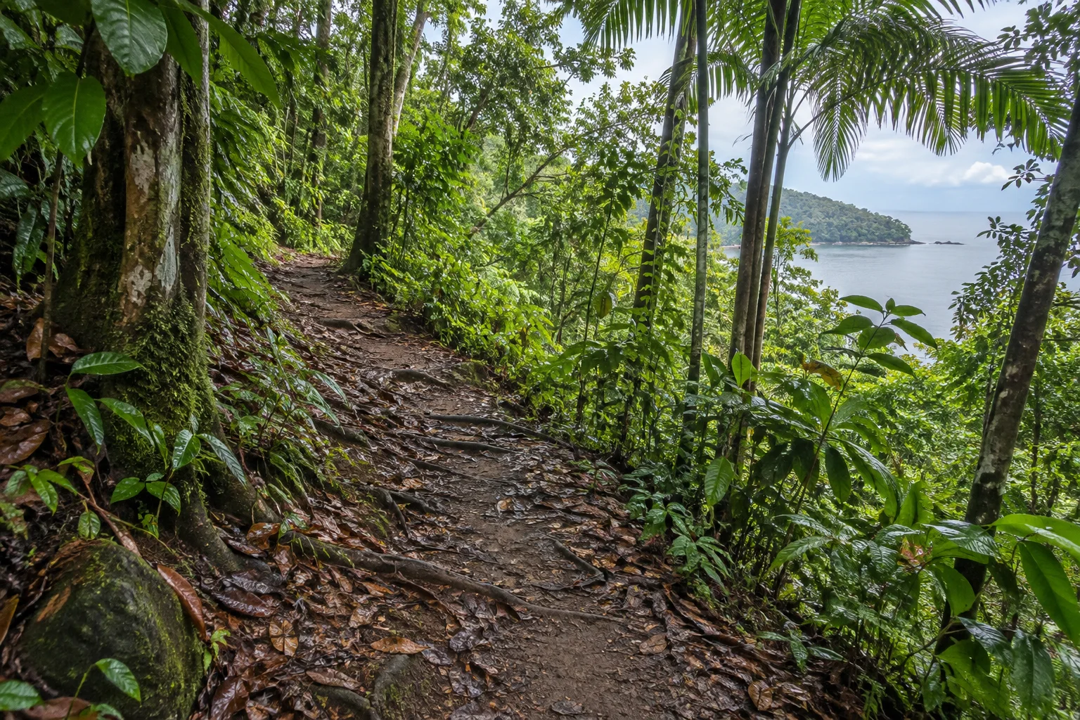 Ambiance inspirée du parcours « Sentier du Rorota à Rémire-Montjoly », illustration générée par IA.
