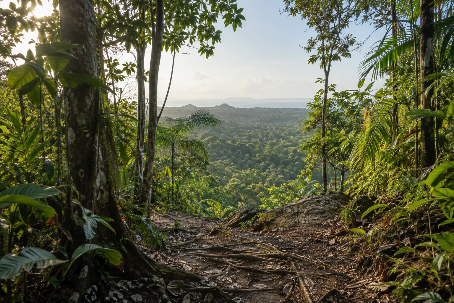 Ambiance inspirée du parcours « Sentier Montagne des Singes à Kourou », illustration générée par IA.