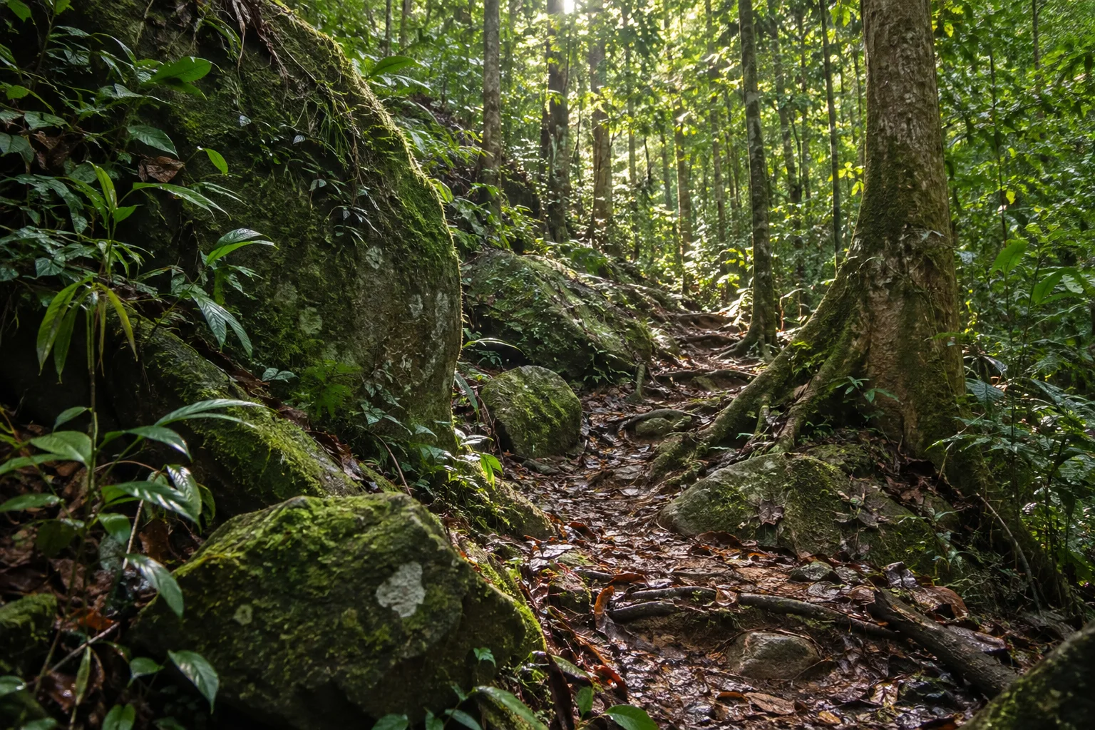 Ambiance inspirée du parcours « Sentier Montagne Favard à Roura-Kaw », illustration générée par IA.