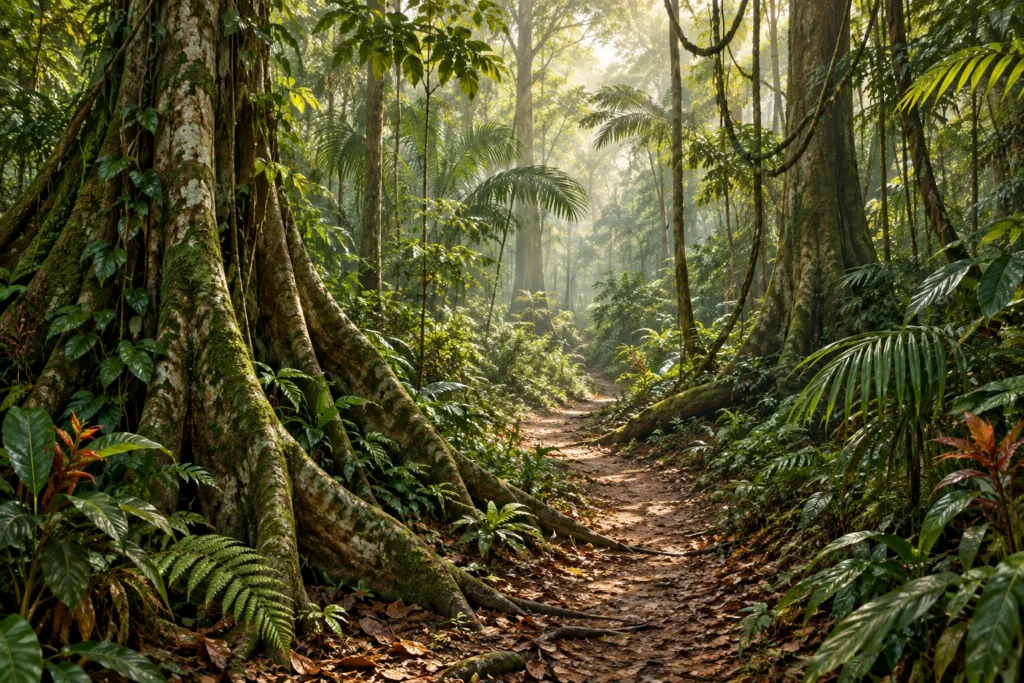 Illustration d’un sentier sous les grands arbres d’une forêt tropicale.